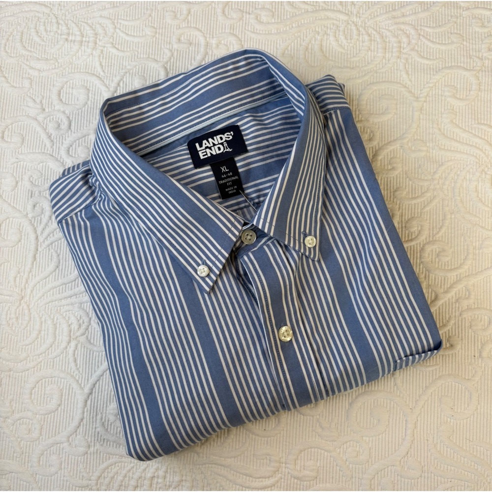 Lands End Men XL Blue White Stripe Traditional Fit Long‎ Sleeve Dress Shirt
